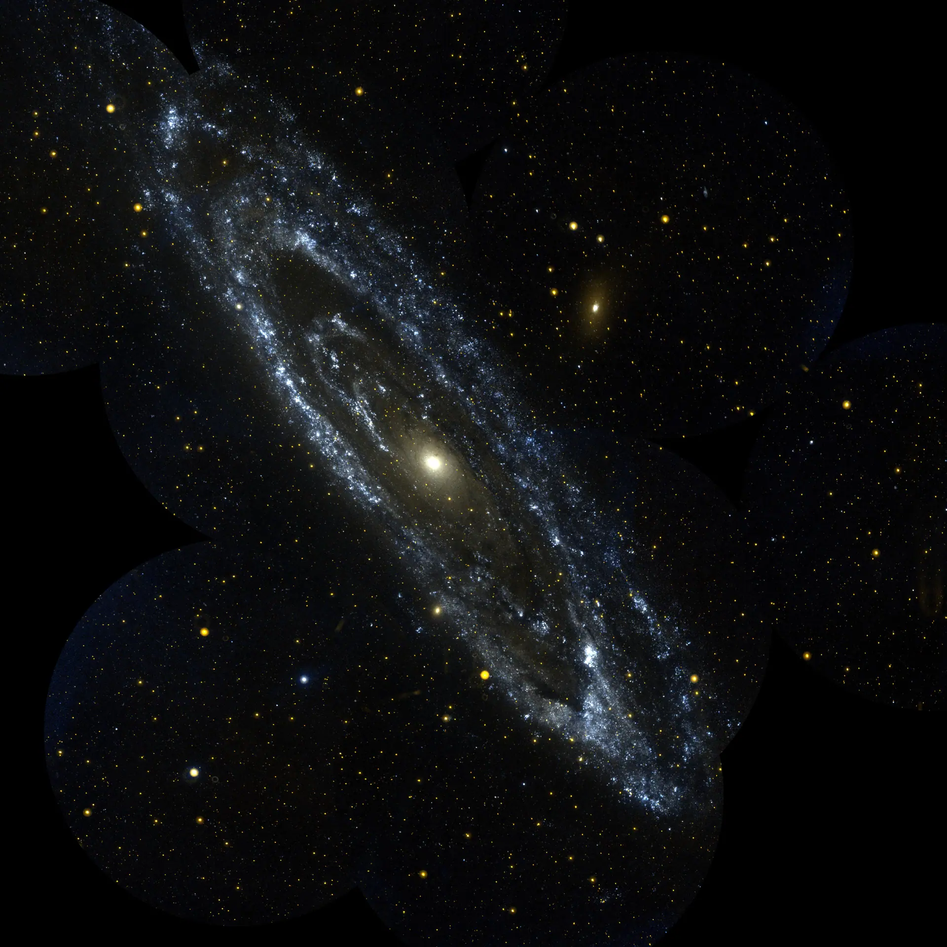 Andromeda Galaxy (GALEX). Credit: NASA/JPL/California Institute of Technology. NASA media guidelines (public domain). The Andromeda galaxy in ultraviolet light, rings of young blue stars around a golden core